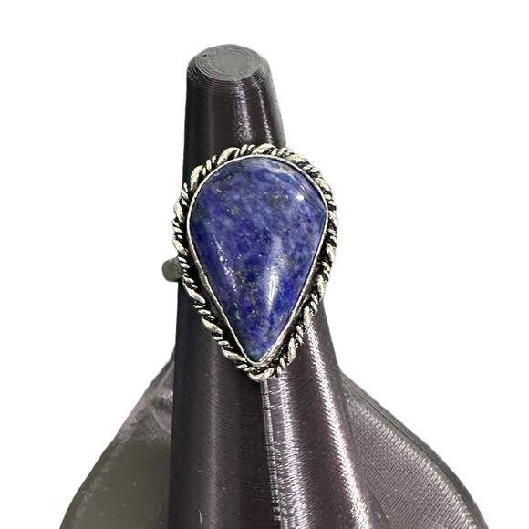 Lapis lazuli teardrop semi-precious gemstone ring sterling silver plated 8.5 - Picture 1 of 6